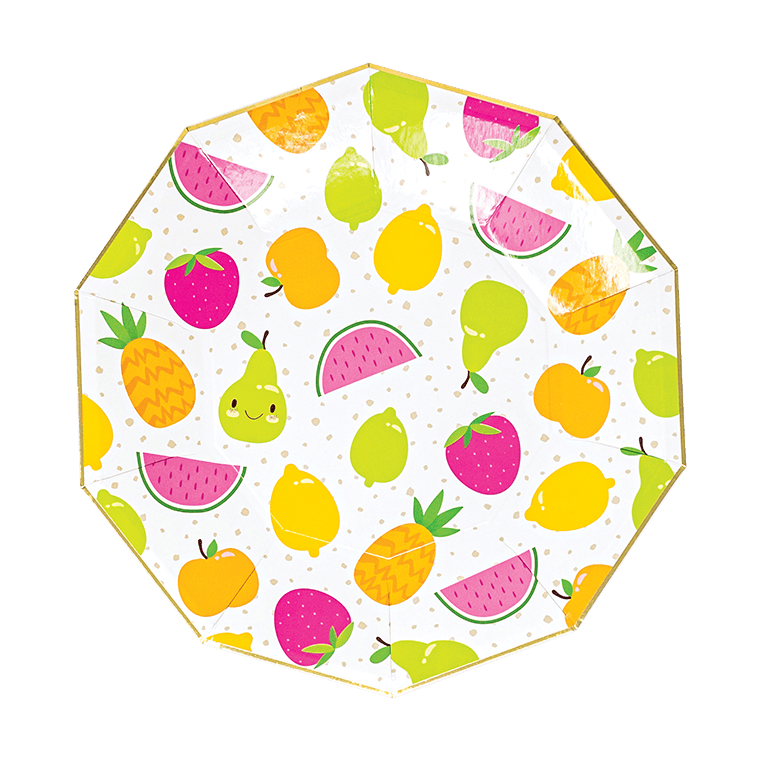 Party Partners tropical fruit plates featuring colorful illustrations of pineapples, watermelons, and bananas for festive occasions.